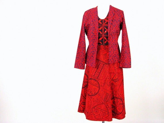 Vintage 1970's Red and Blue Wrap Skirt, Jacket and Vest, 3 Piece Outfit, Modern Size 4, XSmall