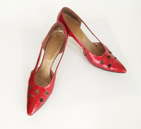 60s Candy Apple Red Shoes with Swiss Cheese Perforations 60s Candy Apple Red Shoes with Swiss Cheese Perforations