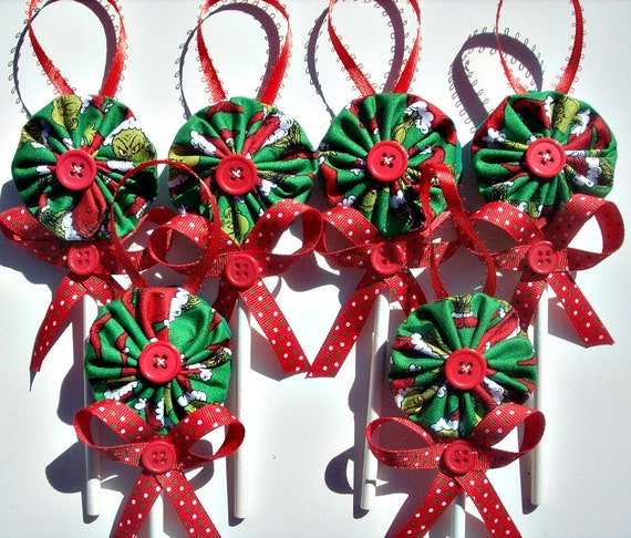 Grinch Fabric YoYo Lollipop Christmas Ornaments Set of 6