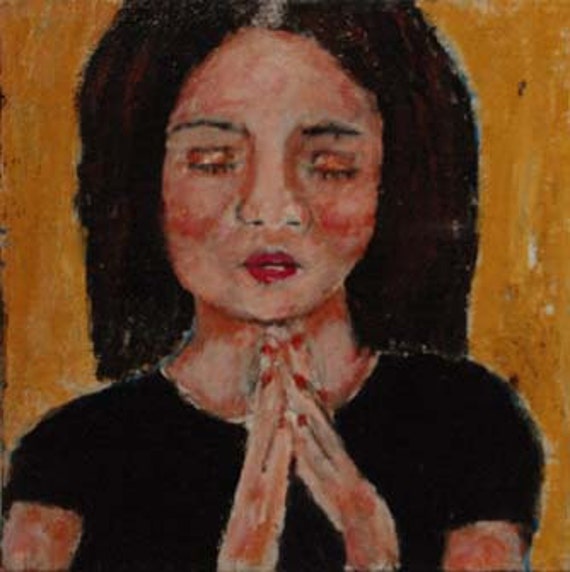 Acrylic Portrait Painting Girl Praying Religious Spiritual Original Prayer Praying Hands 6x6 canvas board No 10