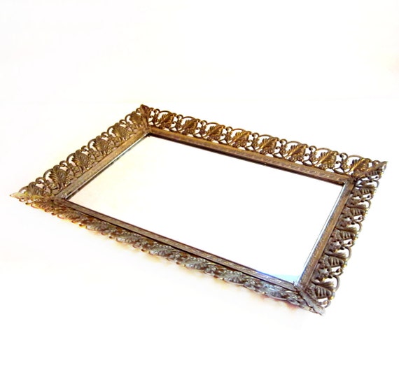Vintage Mirror Tray Rectangle Brass Vanity Display