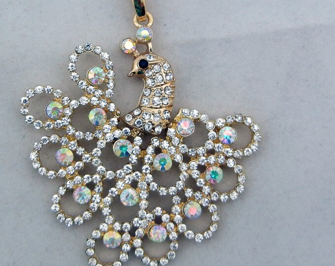 Gold-tone Peacock Pendant with AB Rhinestone Accents