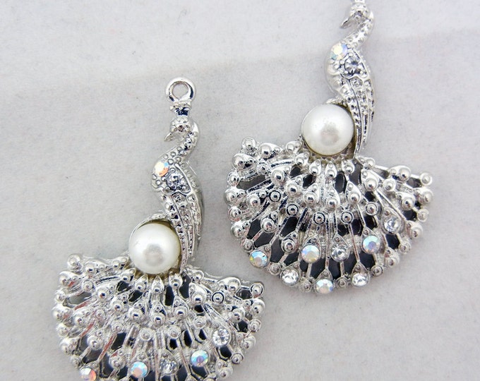 Set of Two Peacock Charms with Rhinestones and Faux Pearl Silver-tone