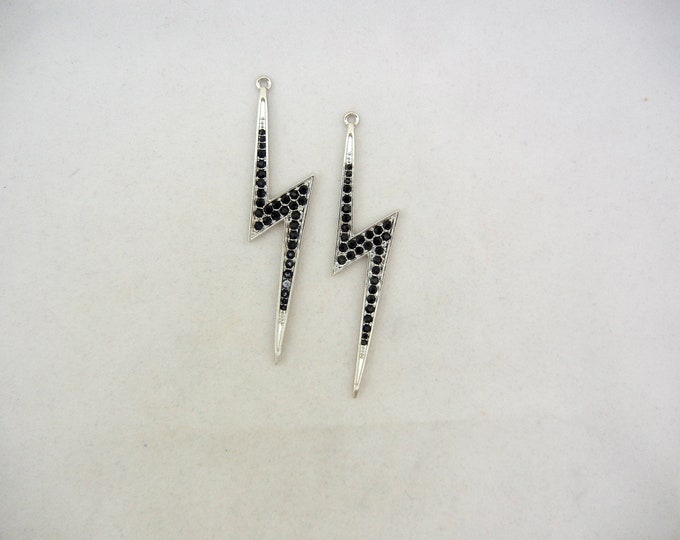 Pair of Z-shaped Lightning Bolt Charms Black Rhinestones Silver-tone