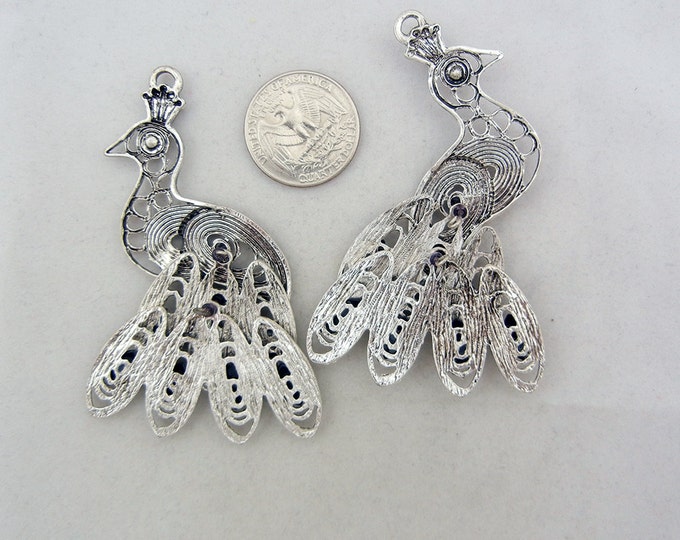 Pair of Filigree Peacock Charms Rhinestone Eye Antique Silver-tone