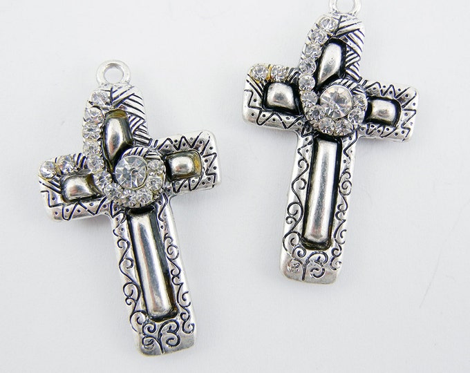 Pair of Antique Silver-tone Decorative Cross Charms Rhinestones