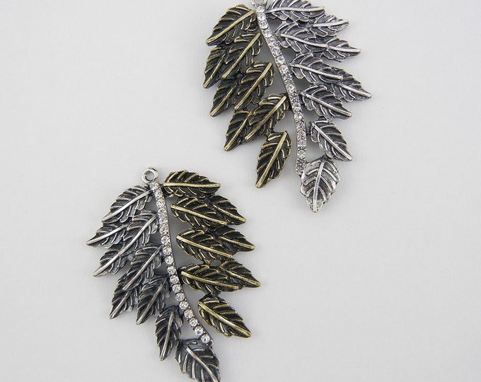 Pair of Two-tone Leaf Charms Rhinestone Vein Accented