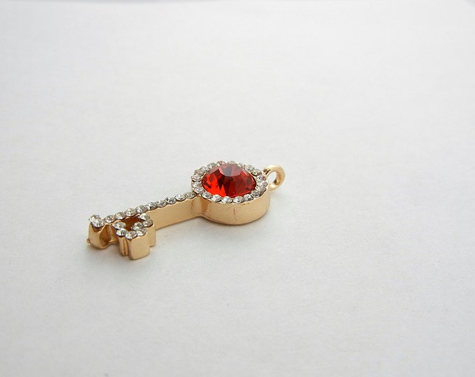 Small Red Rhinestone Skeleton Key Pendant Charm Gold-tone