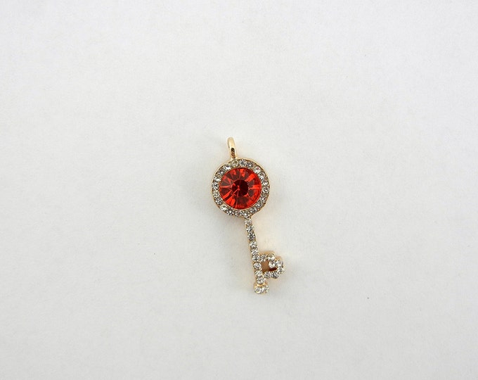 Small Red Rhinestone Skeleton Key Pendant Charm Gold-tone