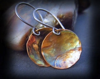 Copper Patina Earrings - Flame Patina Hammered Copper Earrings on Artisan Handmade Sterling Silver Wires - ARTIST