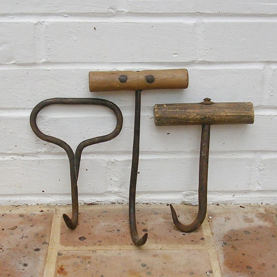 3 Antique Vintage Hay Hook Hooks With Wood Wooden Handles Hay