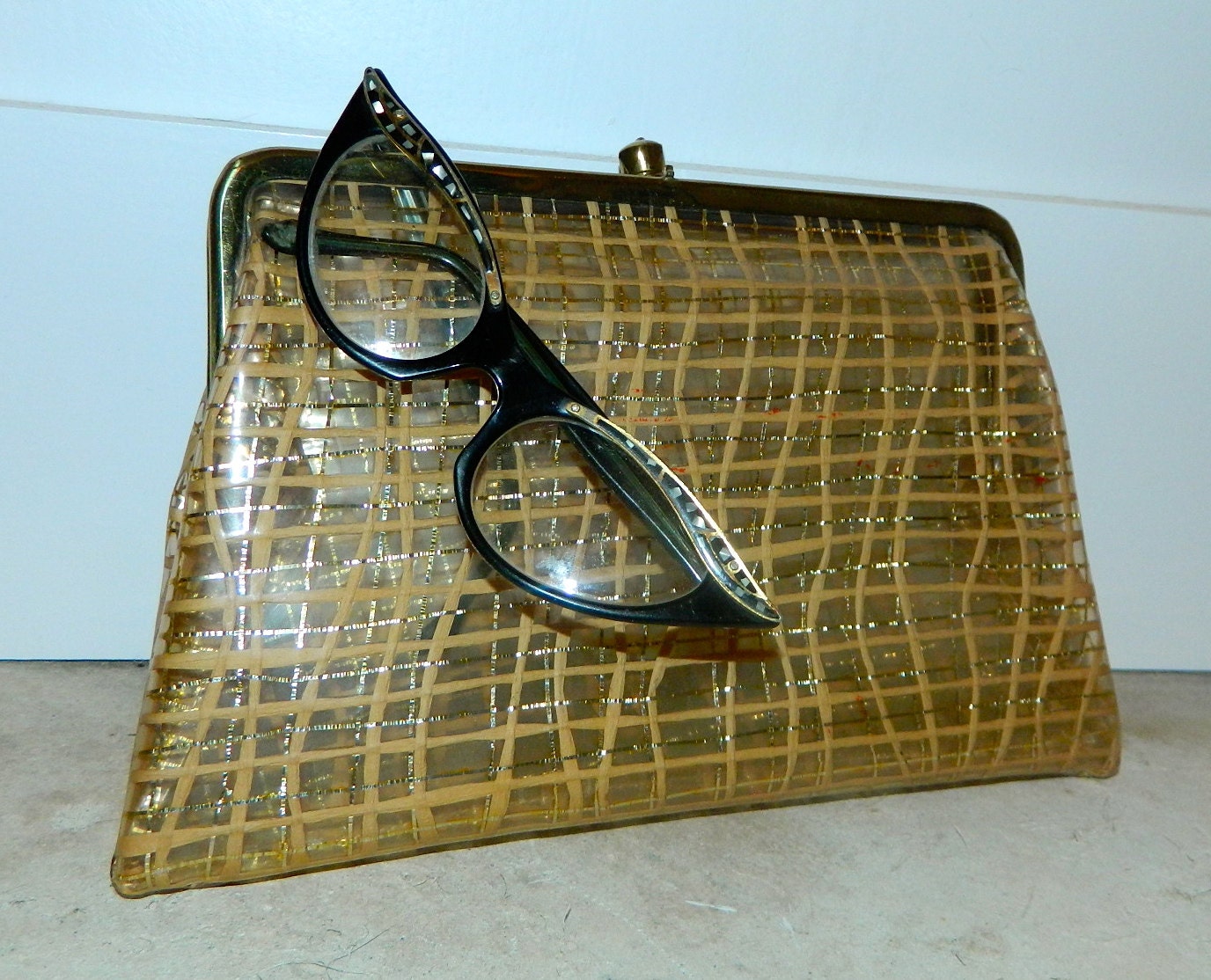 vintage 50s plastic clutch bag clear gold metallic by retrotrend