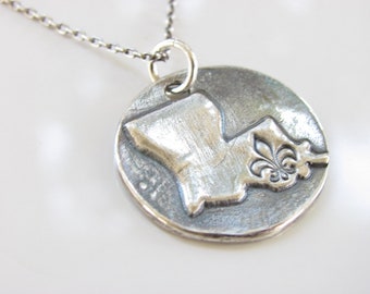 Louisiana State Rustic Disk Necklace - Hand Made from Fine Silver on a Sterling Chain - Made to Order
