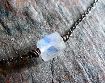 Rainbow Moonstone Sterling Silver Cube Necklace