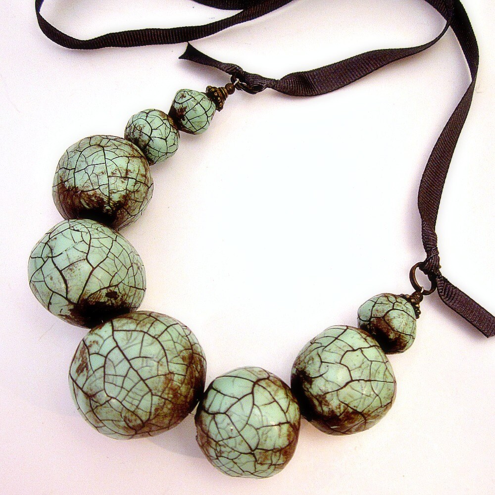 Paper Mache Necklace Chunky Beaded Mint Green Crackle Ribbon