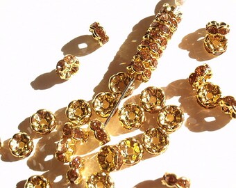 14 Golden Brown Rhinestone Rondelle Spacer Beads, Jewelry making Bead Supply, Graded A, Golden Plated Brass , 7mm Diameter