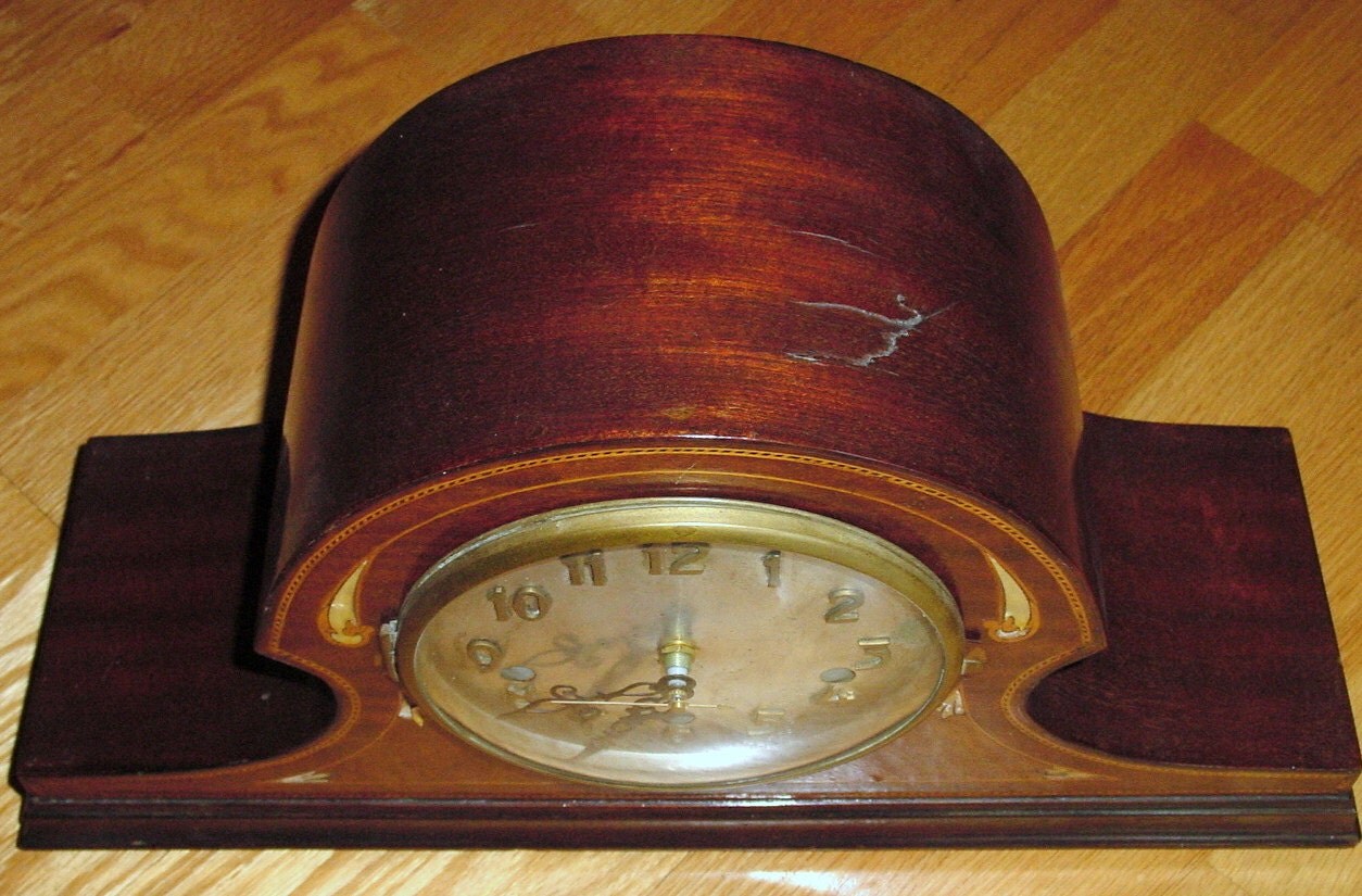 Vintage Wood Inlayed Fireplace Mantle Clock 1930s Library