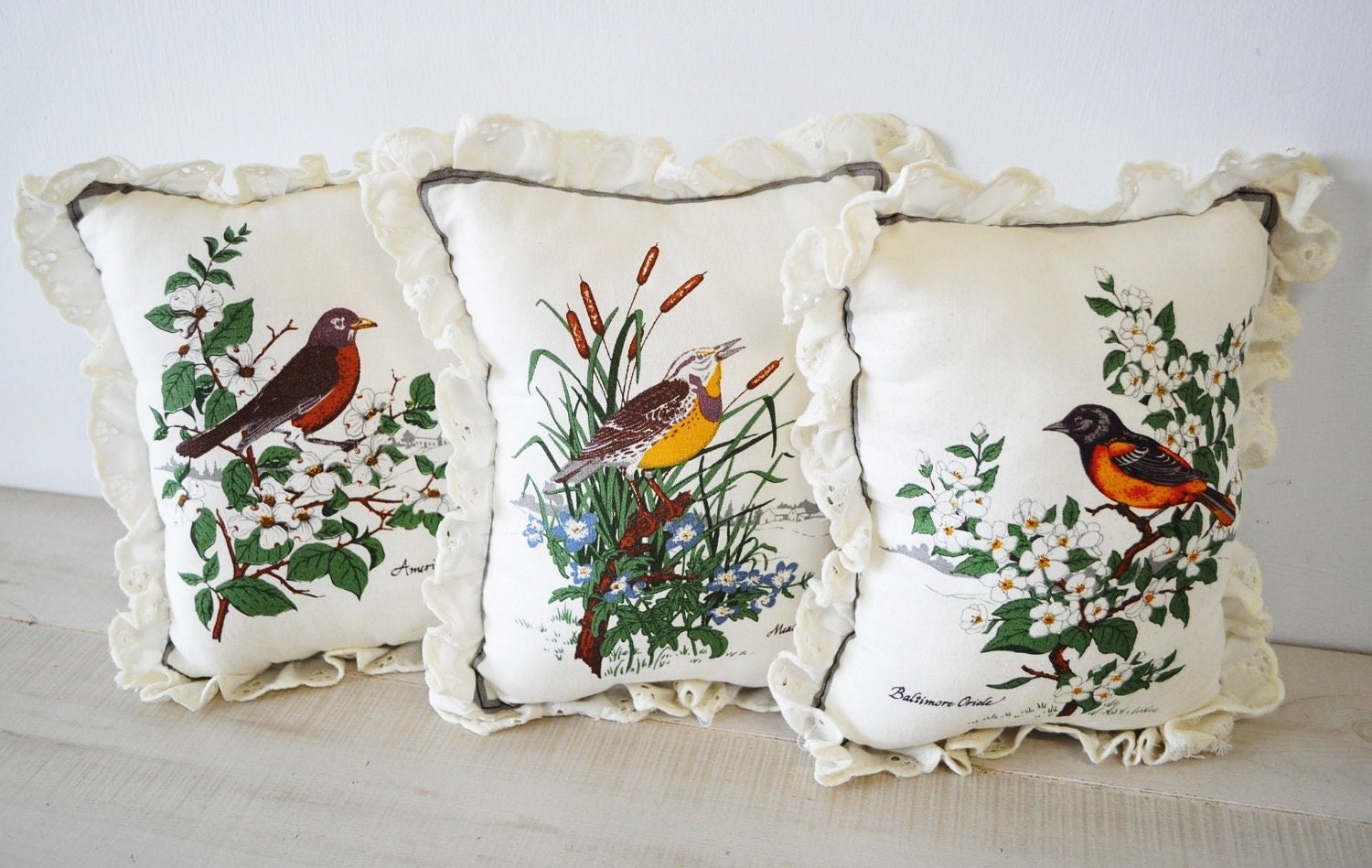 3 adorable vintage bird pillows with eyelet trimcottage