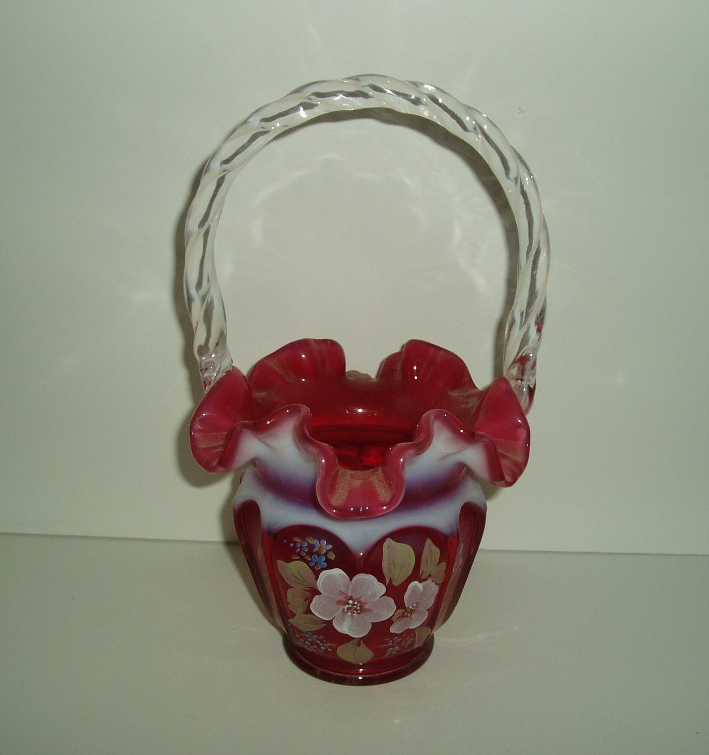 FENTON CRANBERRY BASKET Ruffled Victorian Art Glass with
