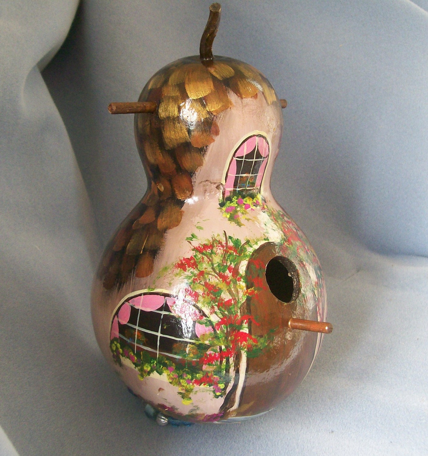 Hand Painted Gourd Bird House Brown Cottage