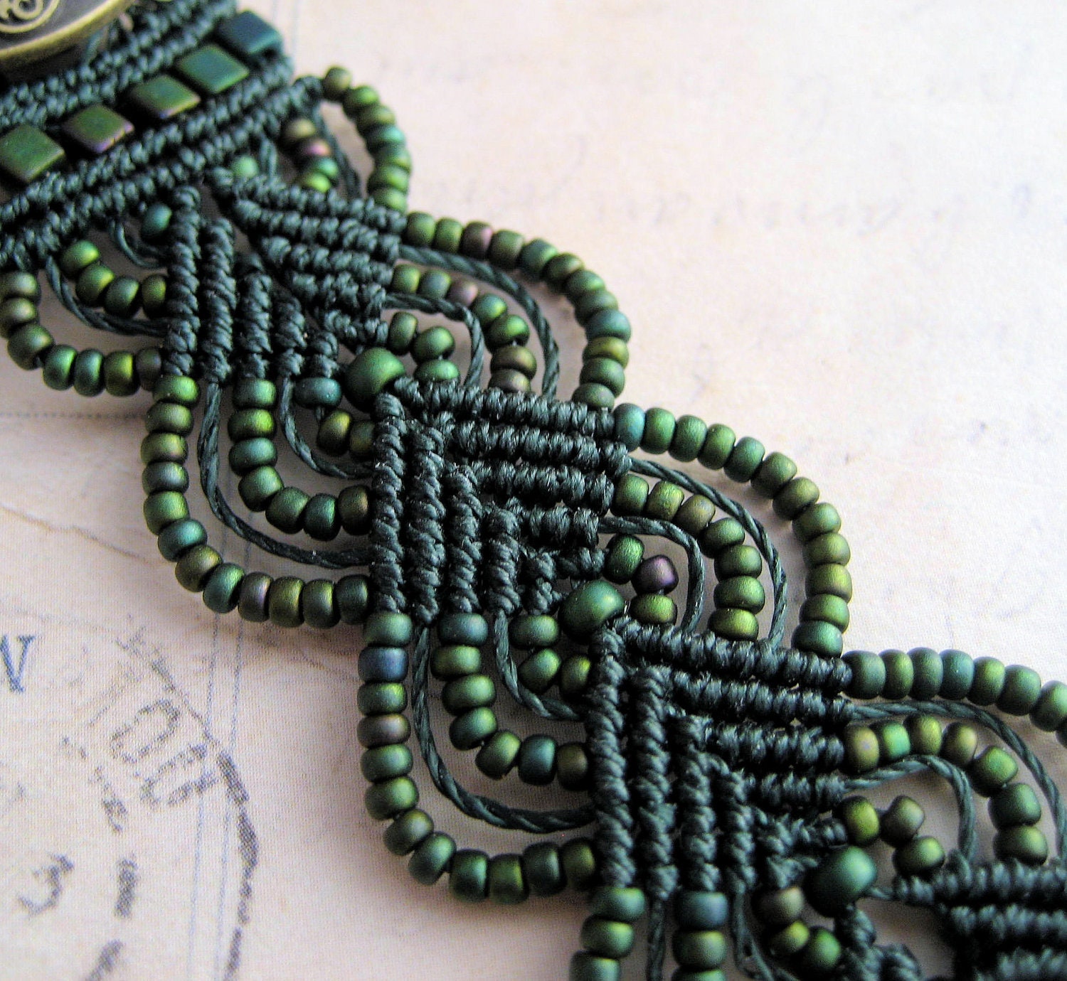 Dragon Macrame Bracelet Beaded in Evergreen Green