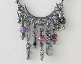 Rustic Clan Necklace, Sterling Silver, Garnet Amethyst, Handmade Pendant, Oxidized Jewelry, Organic Rustic Knots, Whimsical Cascade OOAK