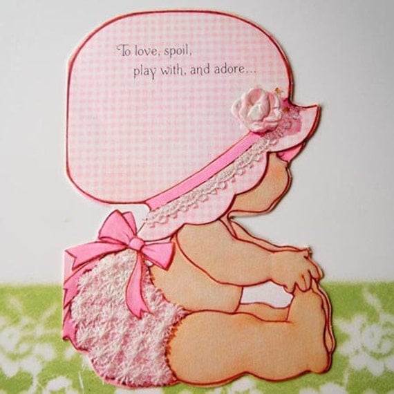 Vintage New Baby Girl Greeting Card Pink Gingham Bonnet