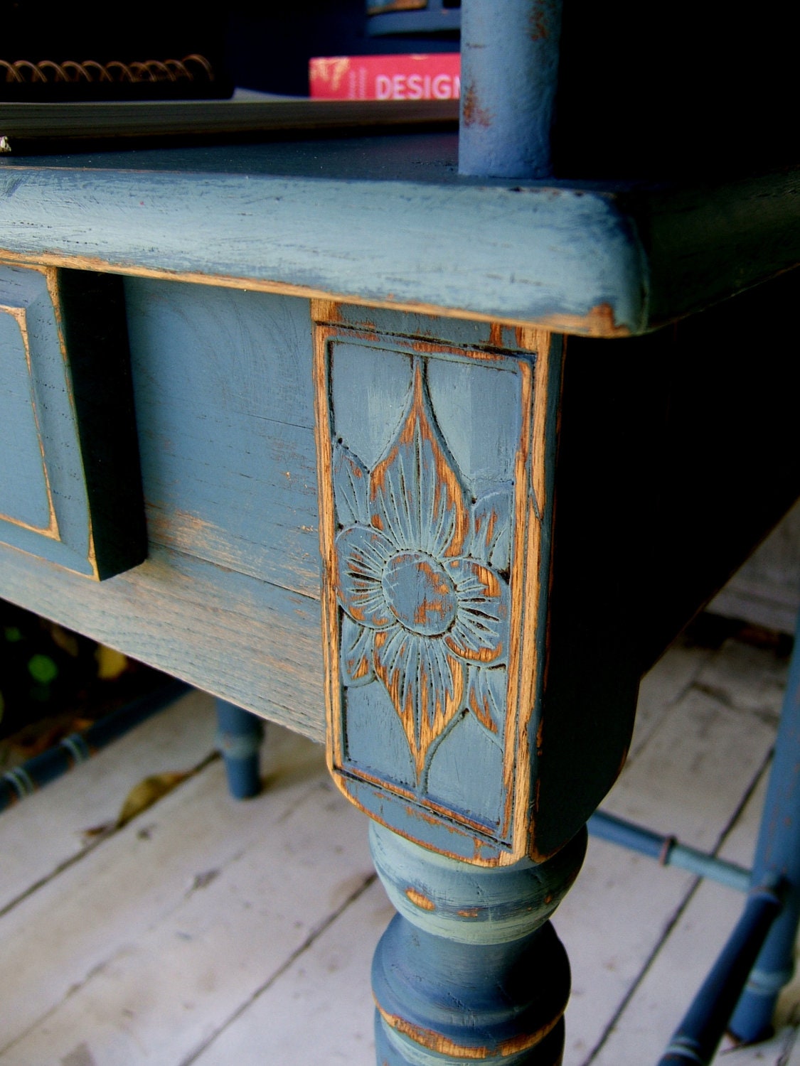 Blue Suede Roll Top Desk Chalk Paint with Distressed Edges