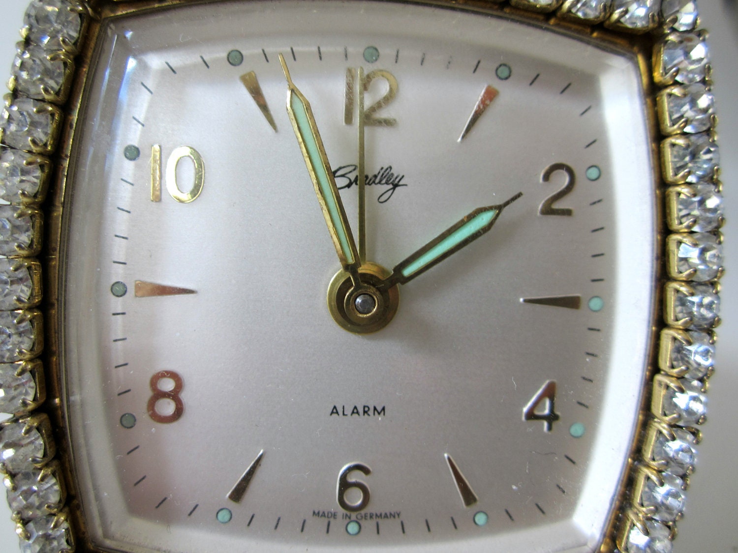 Alarm Clock Bradley Rhinestones Germany Gold Jewel Rare Travel