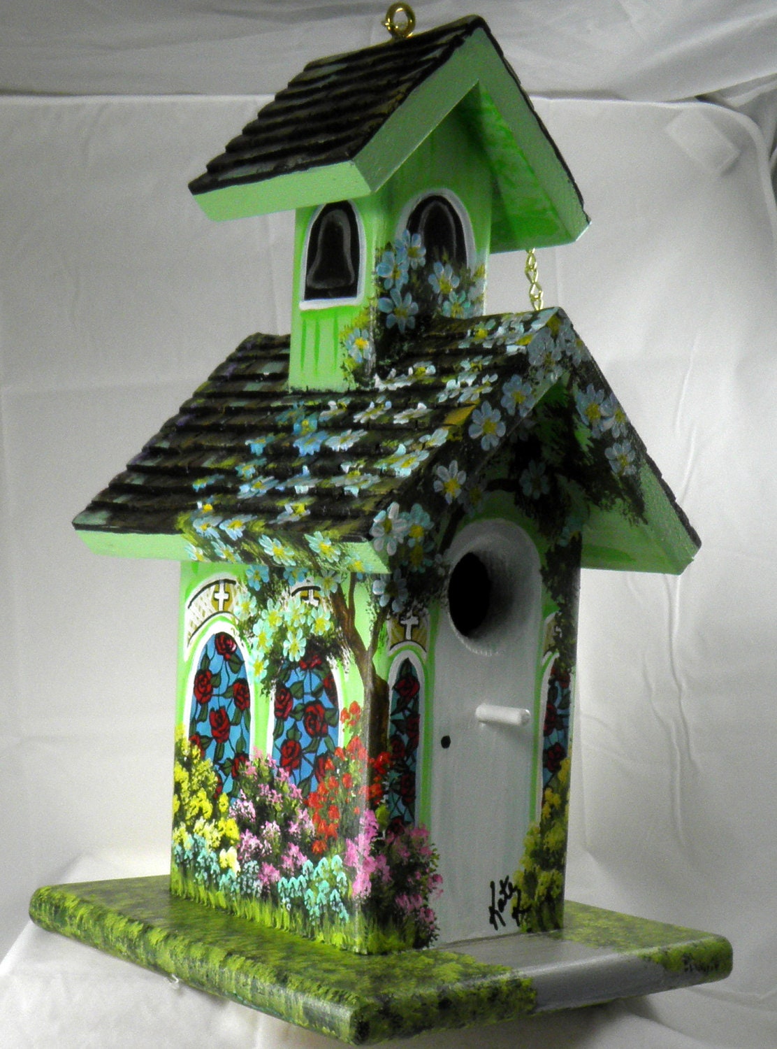 Eco-Friendly Church Birdhouse Hand Painted Green with Stained