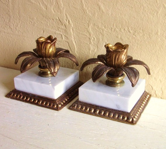 Vintage Marble and Brass Metal Candle Holder Pair Flower