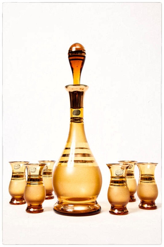 Bohemia Crystal Decanter Set Amber And Gold Made In