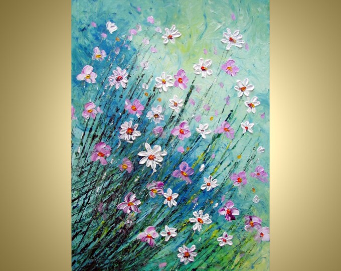 Original 60x36  Modern Contemporary Impasto Textured Floral Painting SUMMER RAIN FLOWERS on Large Canvas by Luiza Vizoli