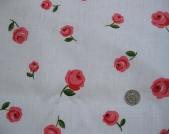 1960s Pink Roses Print Linen Yardage - 3 Yards