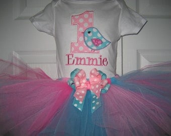 Baby girl aqua and pink Bird Birthday tutu set, First Birhtday tutu set, Bird outfit, cake smash