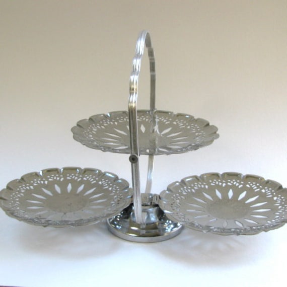 Vintage Fold Up Three Tiered Serving Tray Silvertone