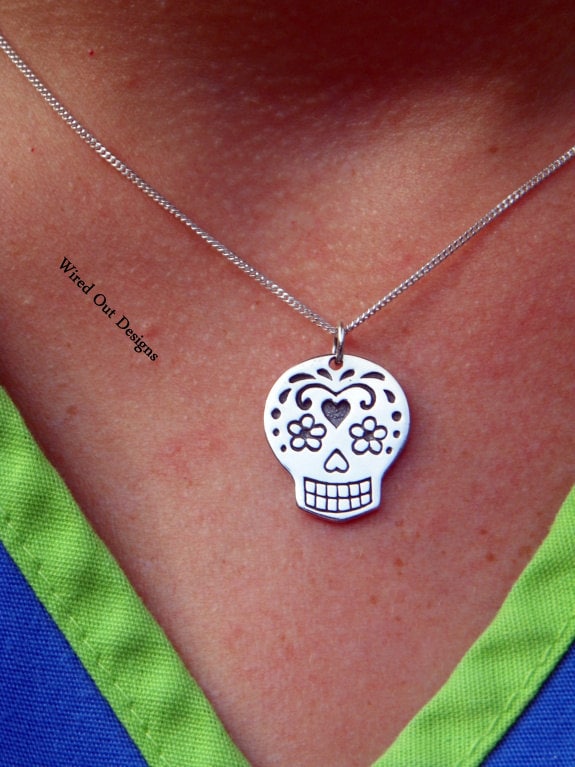 Sterling Silver Mexican Sugar Skull Necklace by wiredoutdesigns