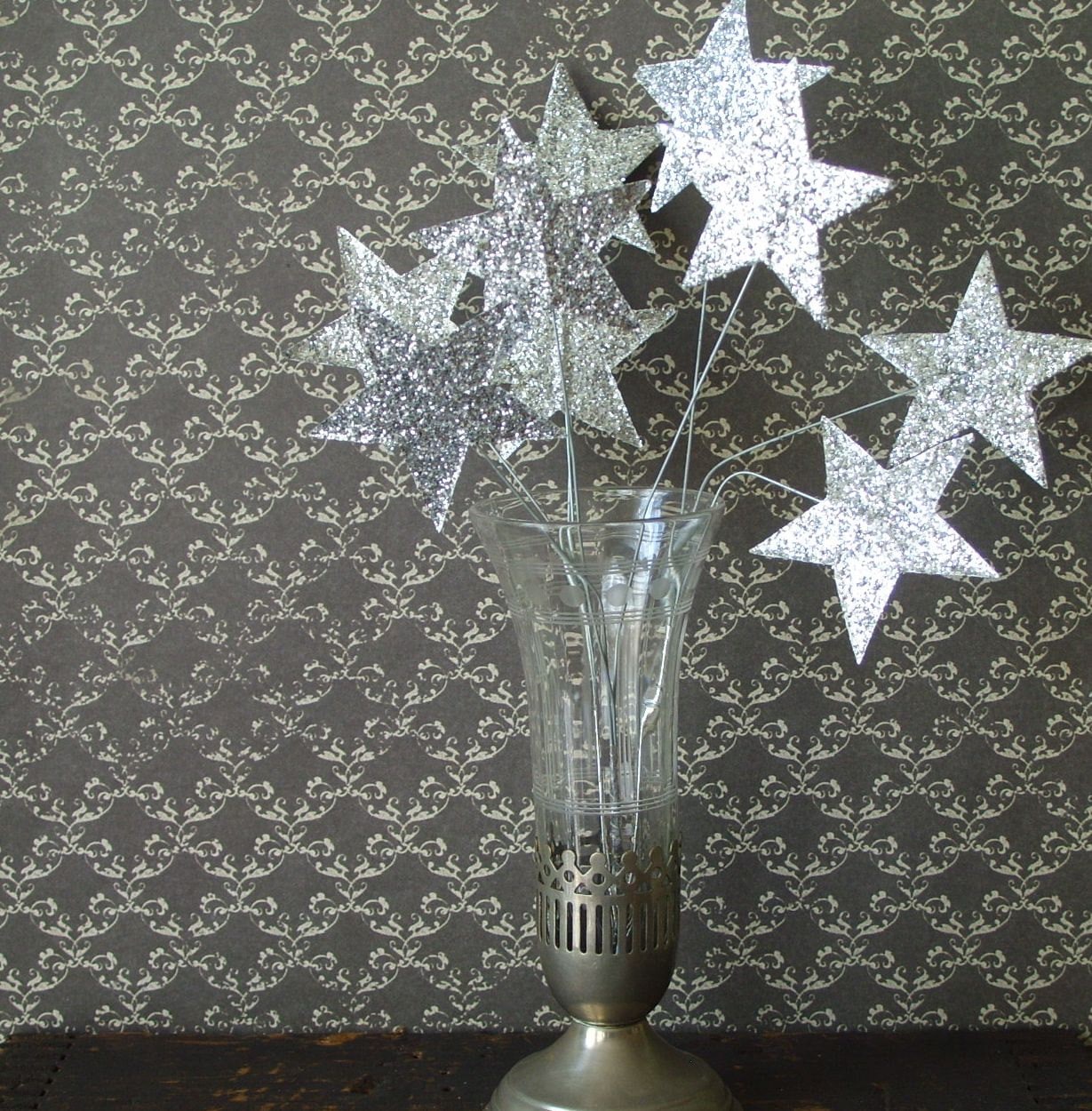 Magical Vintage Silver Glitter Star Floral Picks Japan
