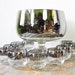 vintage silver roly poly punch bowl set, 1960s mad men glasses, dorothy thorpe roly poly cocktail glasses, mid century barware