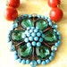 Coral and Turquoise Necklace, Red Coral Jewelry, Pendant Necklace, Vintage Rhinestone Jewelry