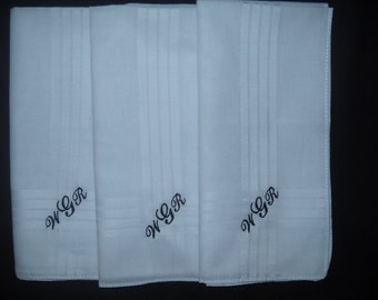 3 Mens Monogrammed Handkerchiefs Script embroidered Groommans, Dad, Grandpa's Gift 100% Cotton 2nd anniversary gift, Father's day gift