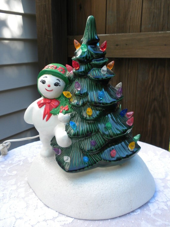vintage christmas tree with snowman ceramic by brixiana on Etsy
