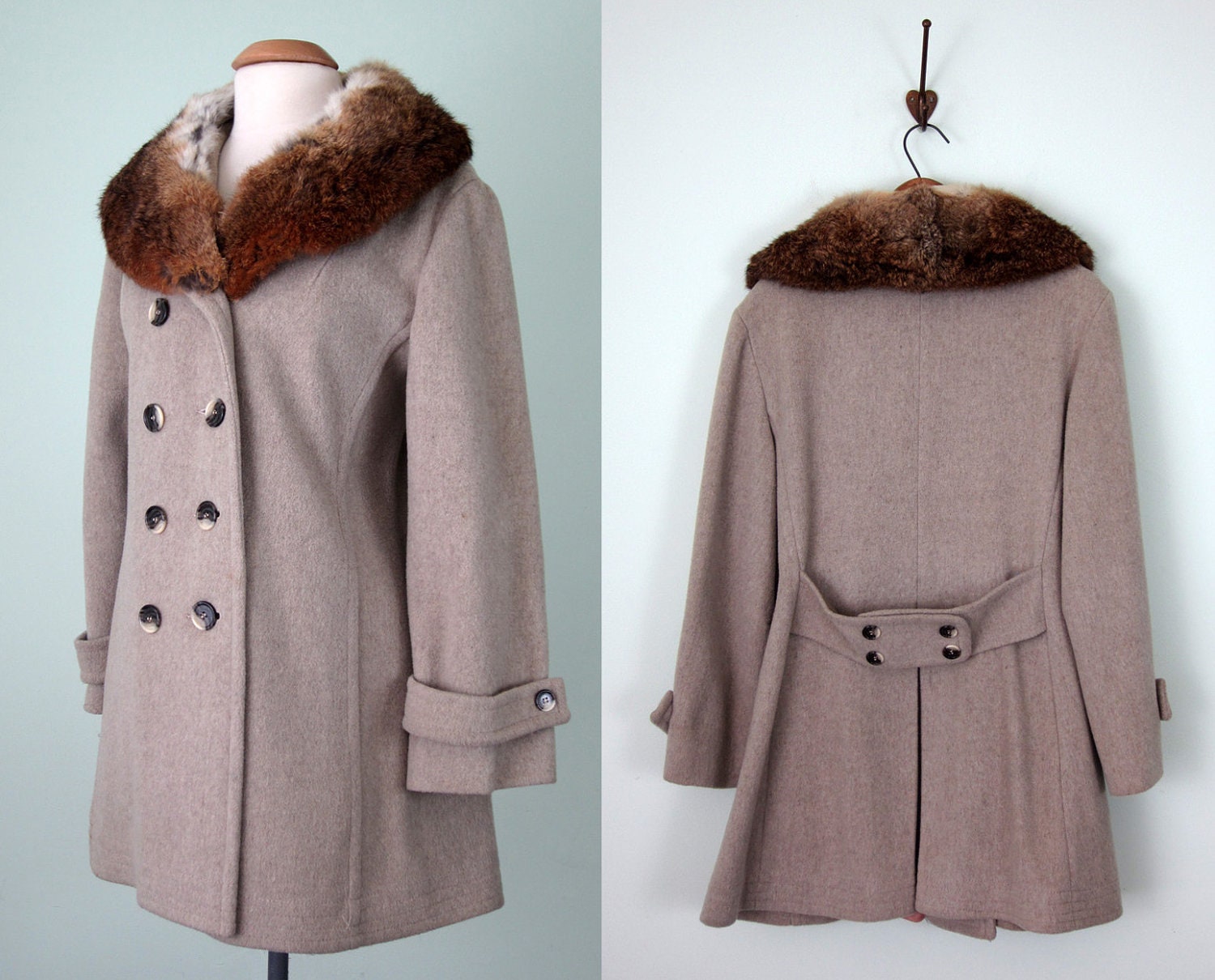 60s coat / fawn wool double breasted fur collar winter pea