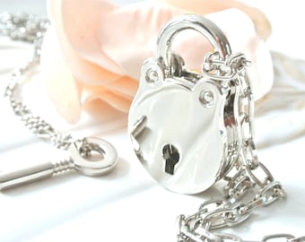 Silver Key and Lock Necklace. Round Padlock Pendant Necklace.