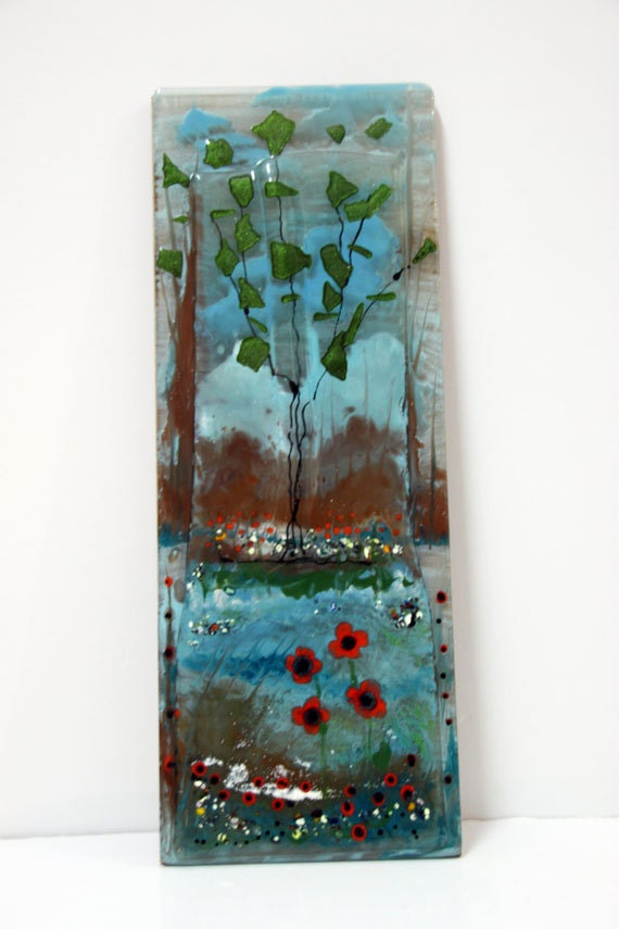 Fused glass Painting Wall Hanging Poppies landscape Wall