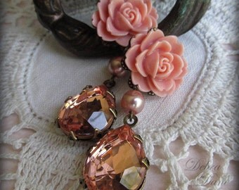 Flower Earrings, Pink Earrings, Teardrop Earrings, Bridal Jewelry, Hollywood Glam, Prom Jewelry, Post Earrings, Clip on earrings