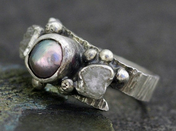 Raw Diamonds and Steel Grey Pearl in Textured Sterling Silver