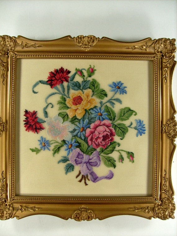 Items similar to Vintage Petit Point Needlepoint, Framed Floral Canvas