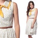 60s Cotton Dress Ascot Bow Fruit Print 1960s Calico White Yellow Mad Men Vintage Full Skirt Collar Hipster Sleeveless Day Dress Medium M