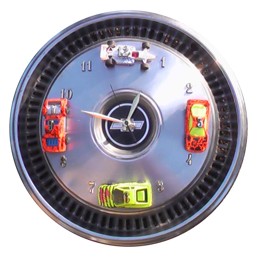 Childrens Clock Chevy Hubcap Clock with toy cars and numbers
